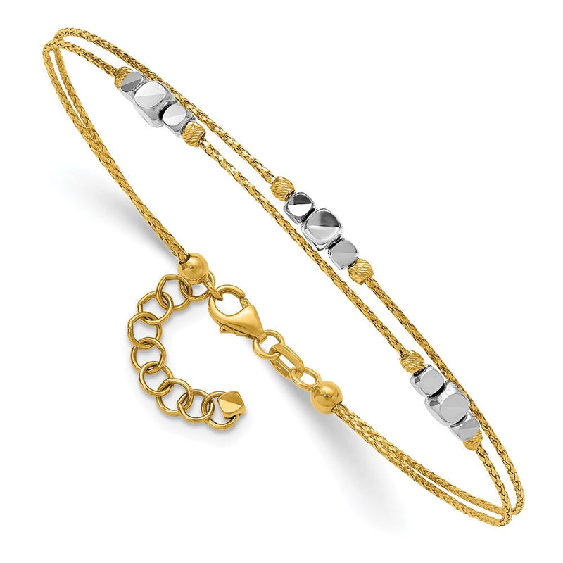 14K Bicolor Gold Poliert Diamantiert Doppelt Strang Gekugelt 7 Zoll Armband mit 1 Zoll Verlängerung