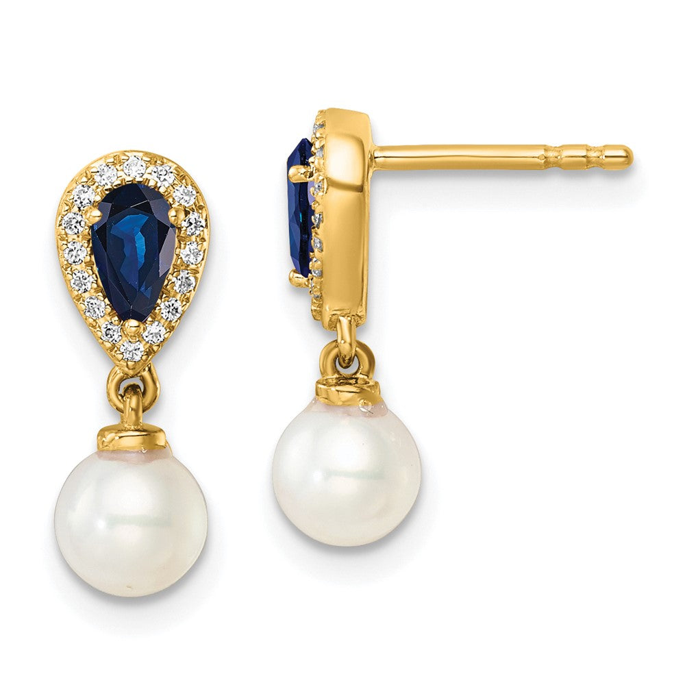14K Gelbgold Ohrhänger mit rundem Süßwasserzuchtperle/0,09K Diamant/Birnen-Saphir zum Stecken