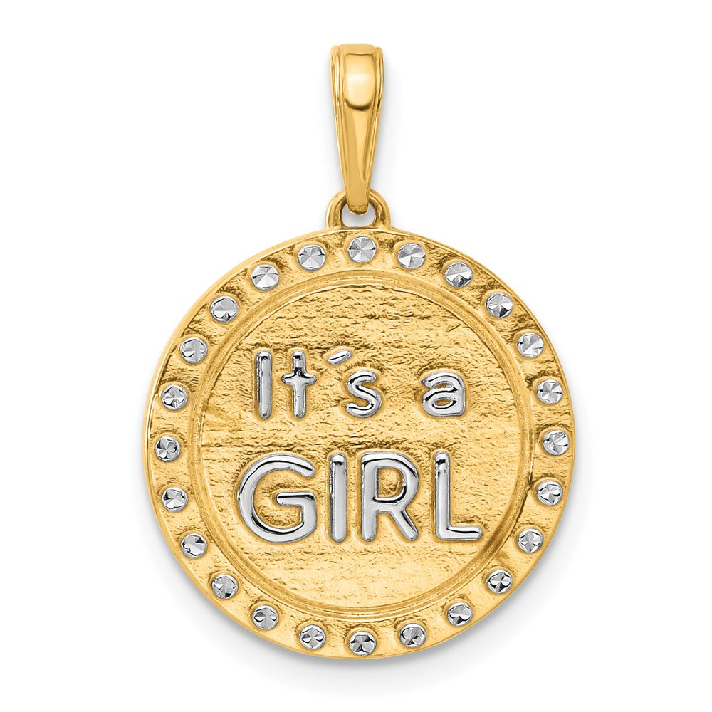 14K Gelbgold und Rhodium diamantgeschliffener „It's a Girl“-Anhänger