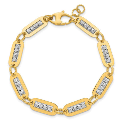 14K Bicolor Gold Poliert Diamantiert Perle Gliederarmband Plus Verlängerung