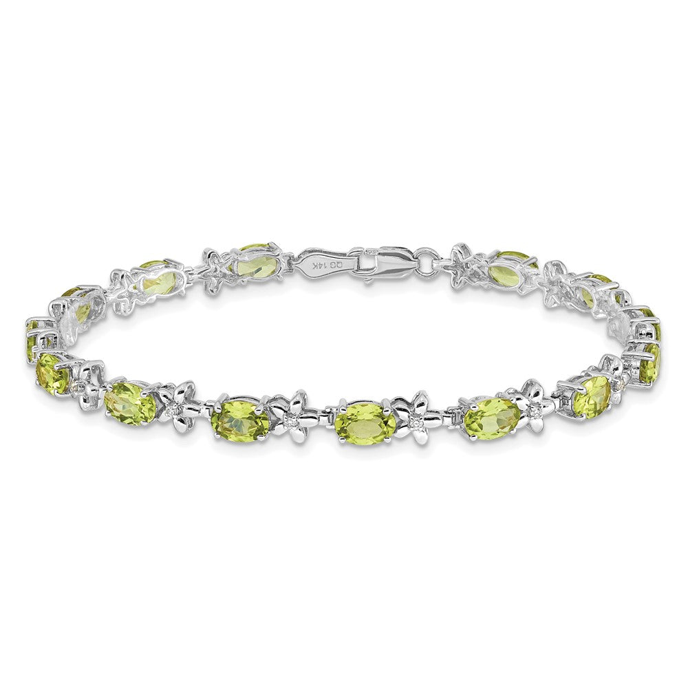 14K Weißgold Komplett Diamant und Oval Peridot Blumen 7 Zoll Armband