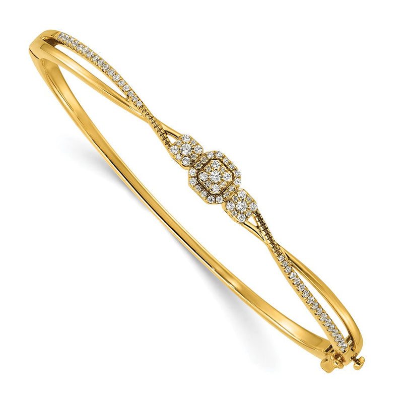 14K Gelbgold Poliert und Strukturiert Komplett 1/2 Karat Diamant Mode Klappbar Oval Armreif Armband