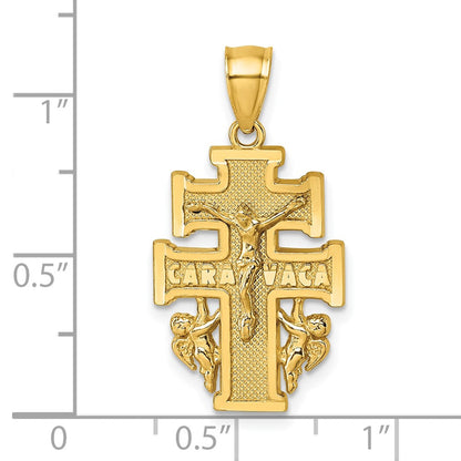 14K Gelbgold polierter und strukturierter Cara-Vaca-Kruzifix-Anhänger