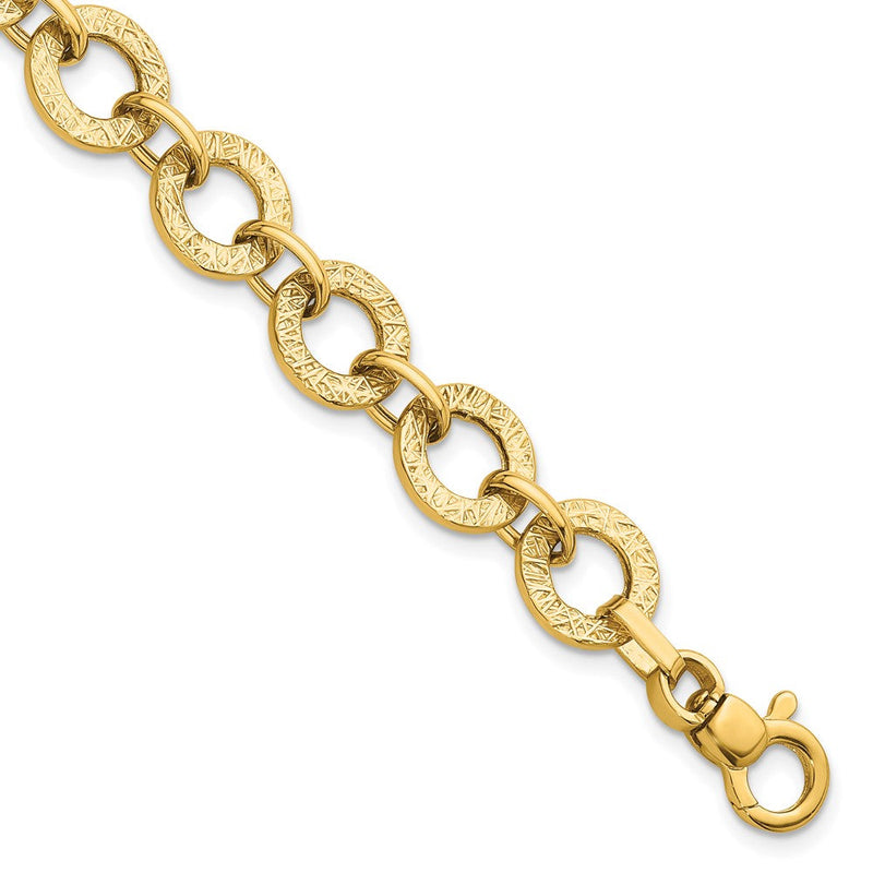 14K Gelbgold Poliert und Strukturiert 12mm Fantasie Rund Glieder Gliederarmband