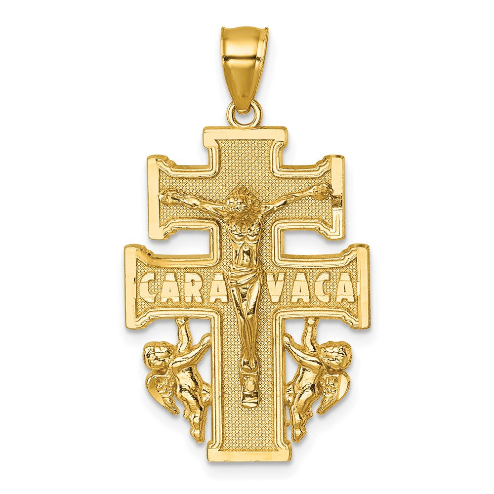 14K Gelbgold Polierter und Strukturierter Cara-Vaca-Kruzifix-Anhänger