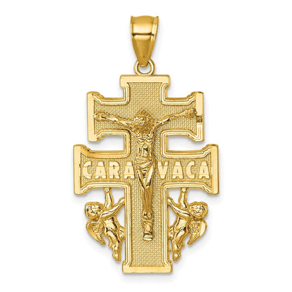14K Gelbgold Polierter und Strukturierter Cara-Vaca-Kruzifix-Anhänger