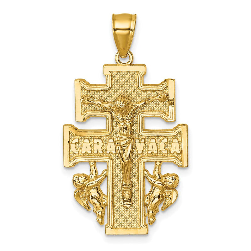 14K Gelbgold Polierter und Strukturierter Cara-Vaca-Kruzifix-Anhänger
