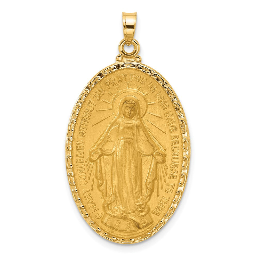 14K Gelbgold Poliert und Satiniert Massiv Wundertätig Medaille Oval Anhänger