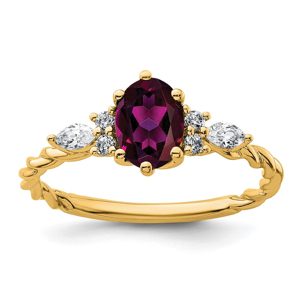 14K Gelbgold Ring mit Diamanten und 7x5 ovalem Rhodolith-Granat, Größe 7, gedreht