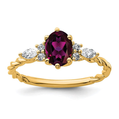 14K Gelbgold Ring mit Diamanten und 7x5 ovalem Rhodolith-Granat, Größe 7, gedreht
