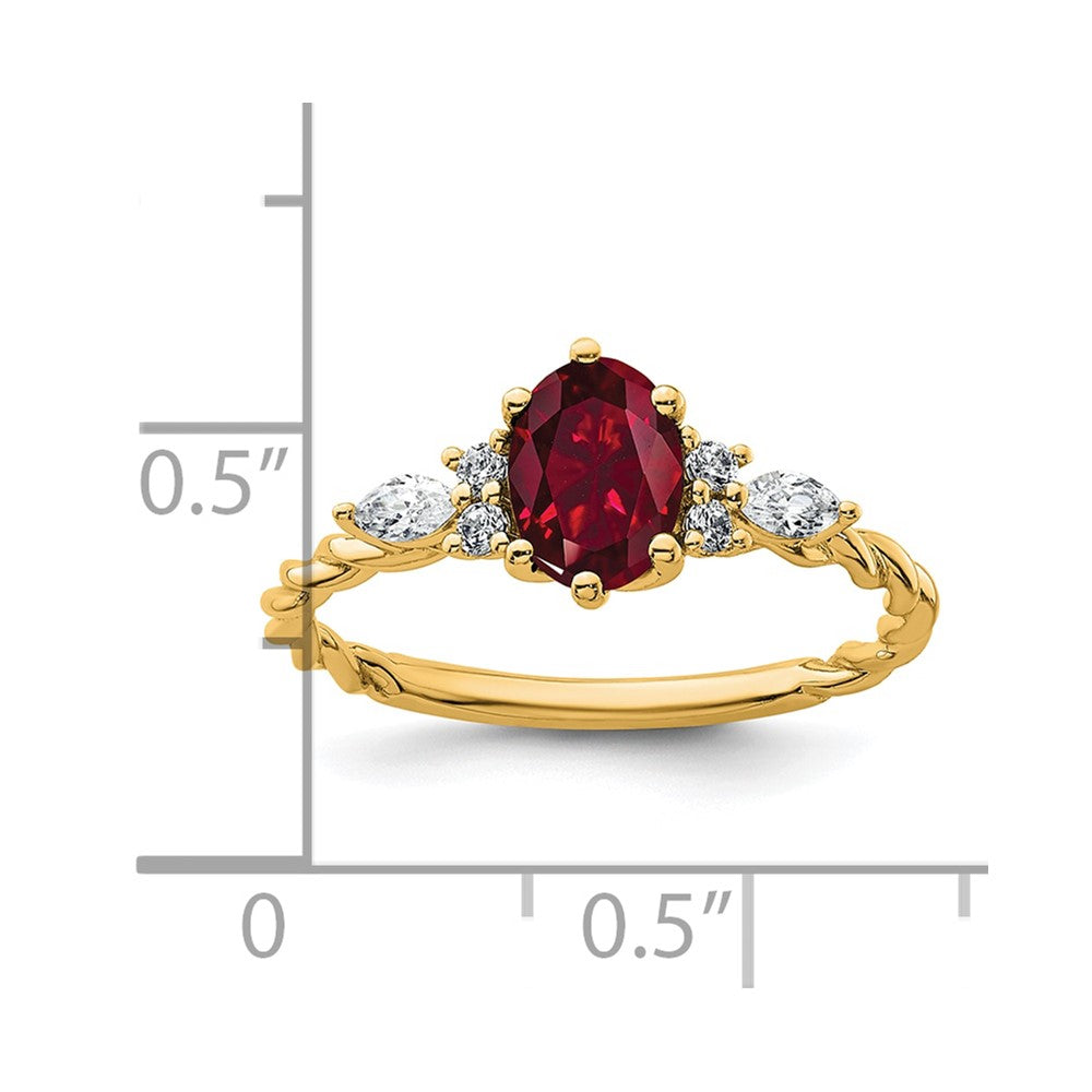 14K Gelbgold Diamant- und Rubin (7x5 oval, Juli/labor­gezüchtet) Ring, gedreht, Größe 7
