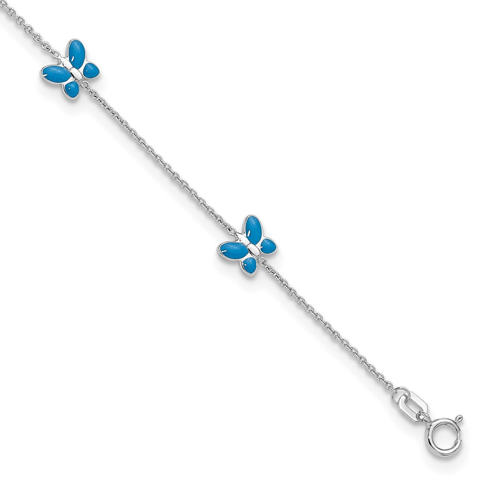 14K Weißgold Blau Emailliert Butterflies 7-station 10 Zoll Fußkettchen