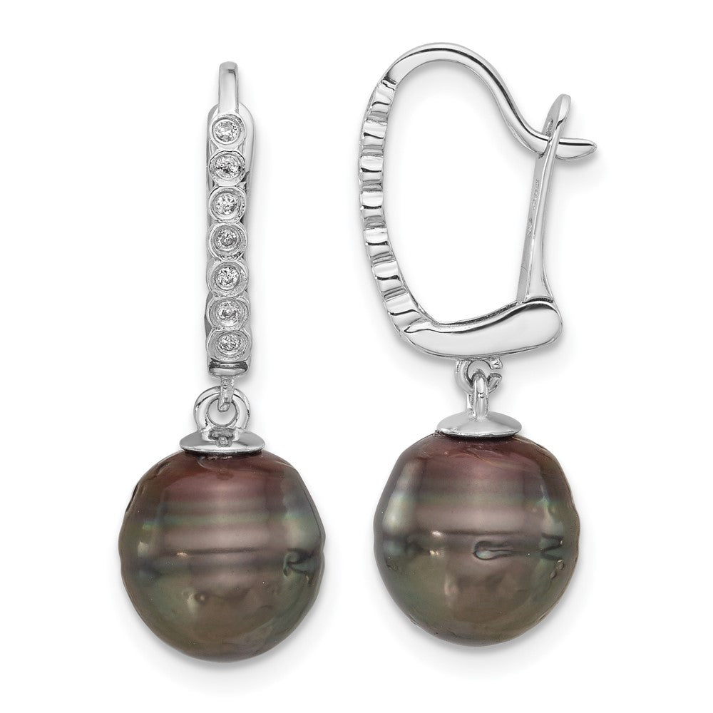 14K Weißgold 9-10mm Schwarz Rund Tahitian Salzwasser Zuchtperle Und.07 Karat Diamant Brisur Ohrhänger
