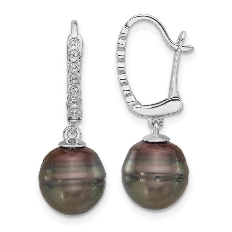 14K Weißgold 9-10mm Schwarz Rund Tahitian Salzwasser Zuchtperle Und.07 Karat Diamant Brisur Ohrhänger