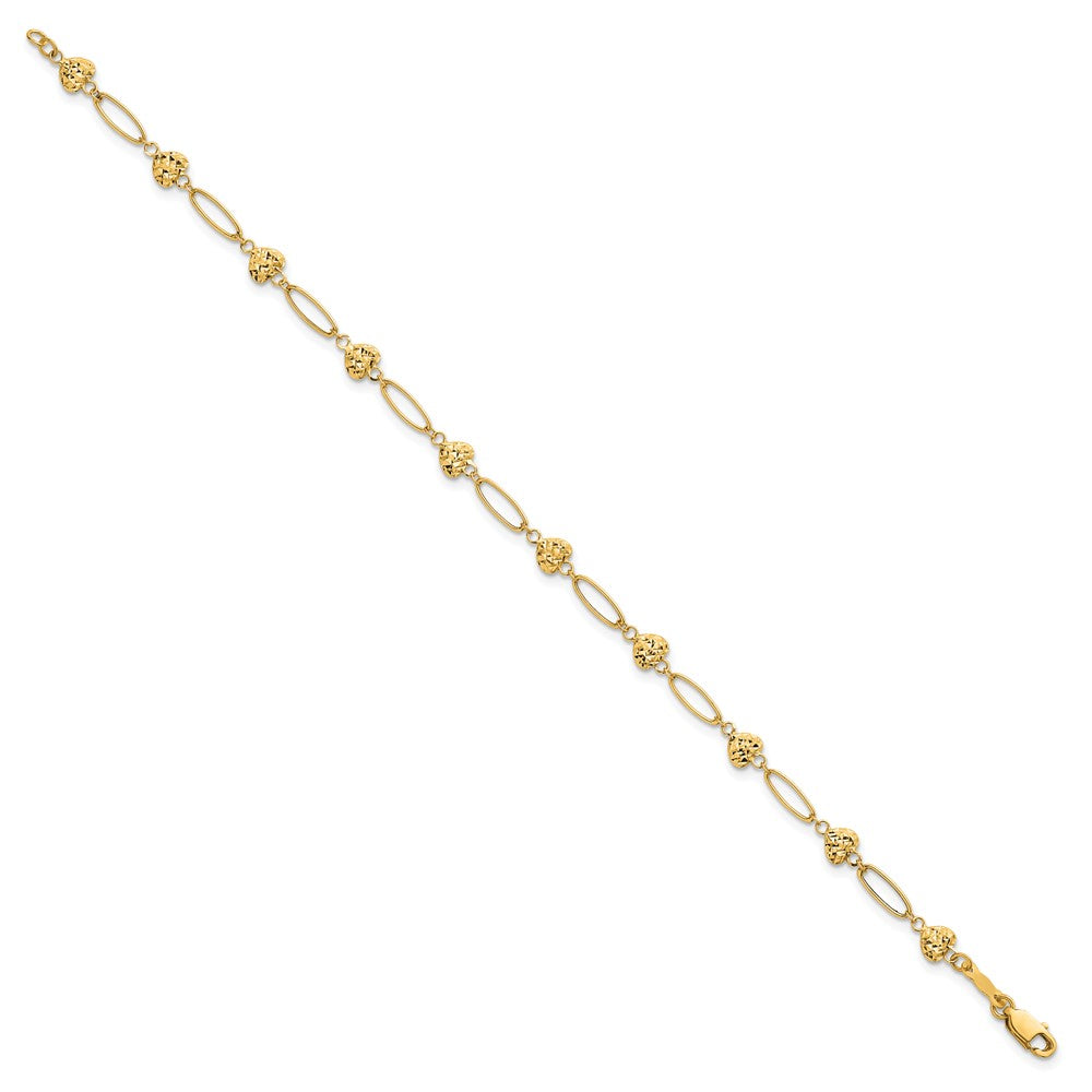 14K Gelbgold Poliert Oval Knöpfe mit Diamantiert Gewölbt Herzen 7.5 Zoll Armband