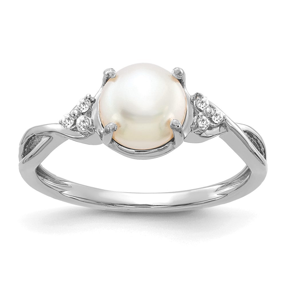 14K Weißgold 7mm June/freshwater Zuchtperle und Diamant Ring