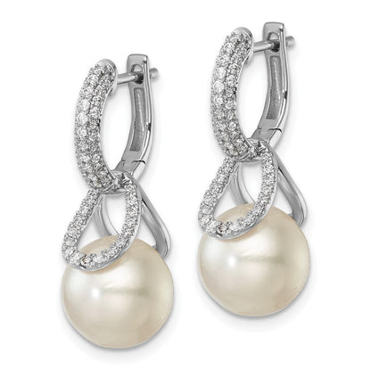 14K Weißgold Creolen mit klappbarem Scharnier, 10-11 mm weißen runden Süßwasser-Zuchtperlen, 0,41 ct. Diamanten und abnehmbaren Ohrhängern