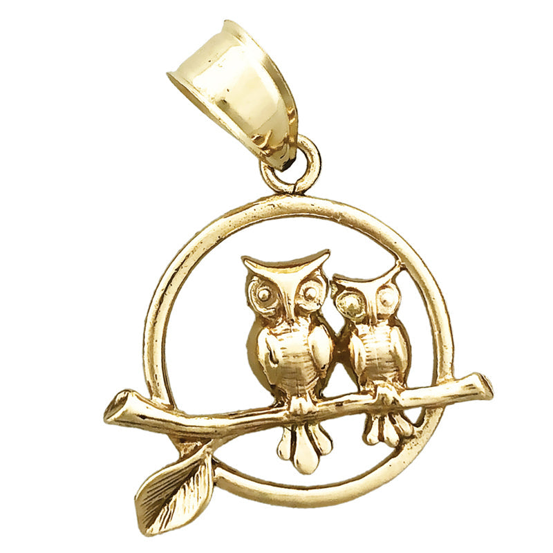 14K Gold Anhänger mit zwei sitzenden Eulen im Kreis