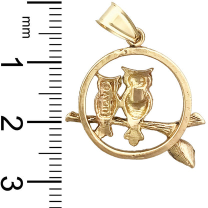 14K Gold Anhänger mit zwei sitzenden Eulen im Kreis
