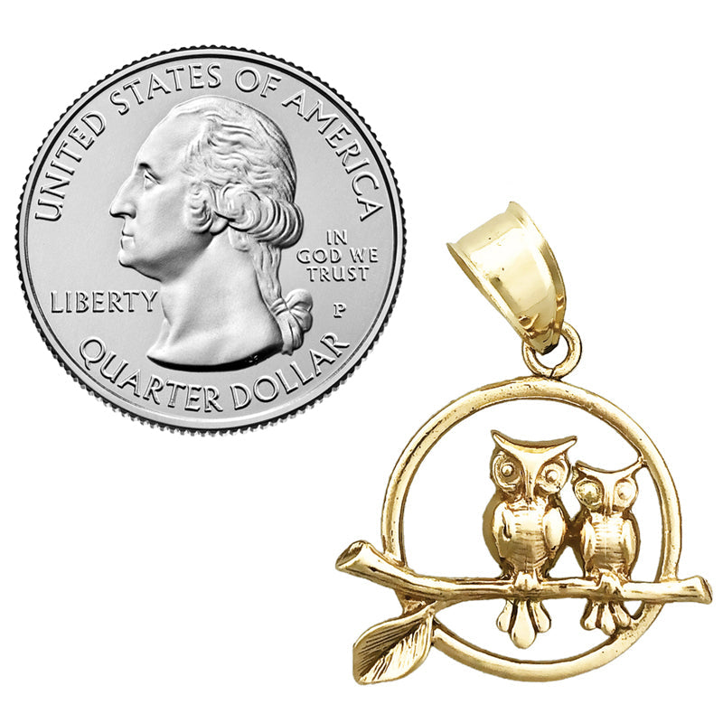 14K Gold Anhänger mit zwei sitzenden Eulen im Kreis