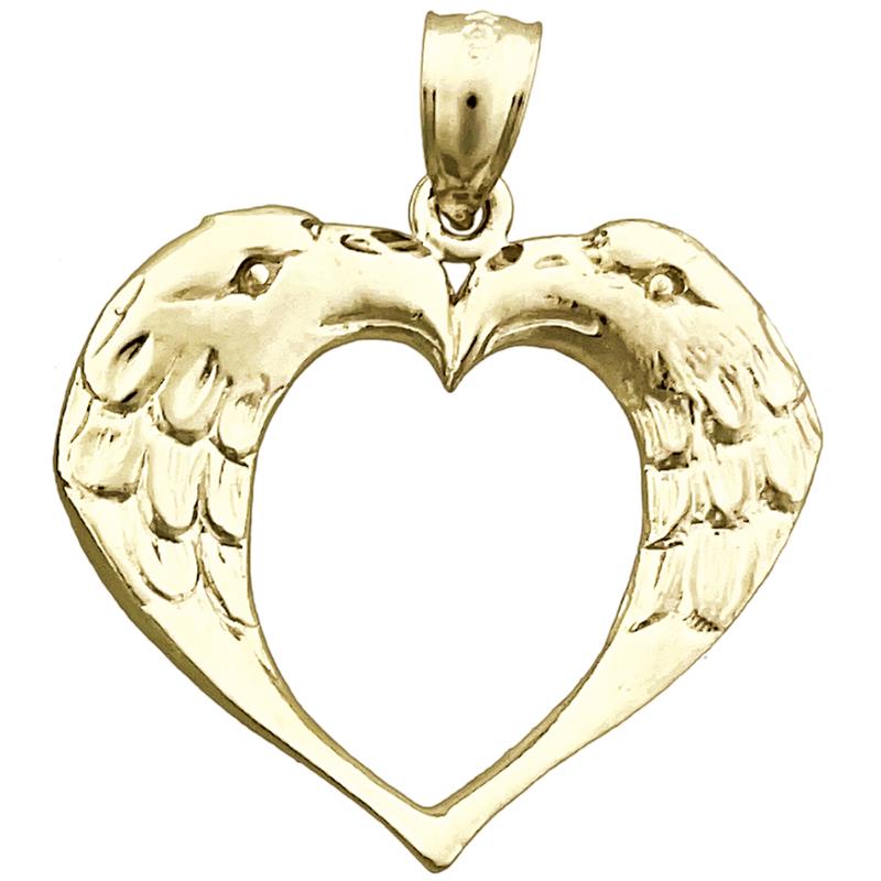 14K Gold Herz-Anhänger mit zwei Adlern, Designer-Stil