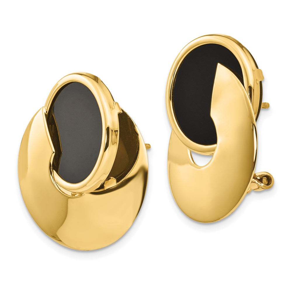 14K Gelbgold Onyx-Ohrringe im ausgefallenen zeitgenössischen Design mit Omega-Verschluss