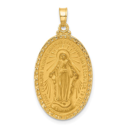 14K Gelbgold Poliert und Satiniert Massiv Wundertätig Medaille Oval Anhänger