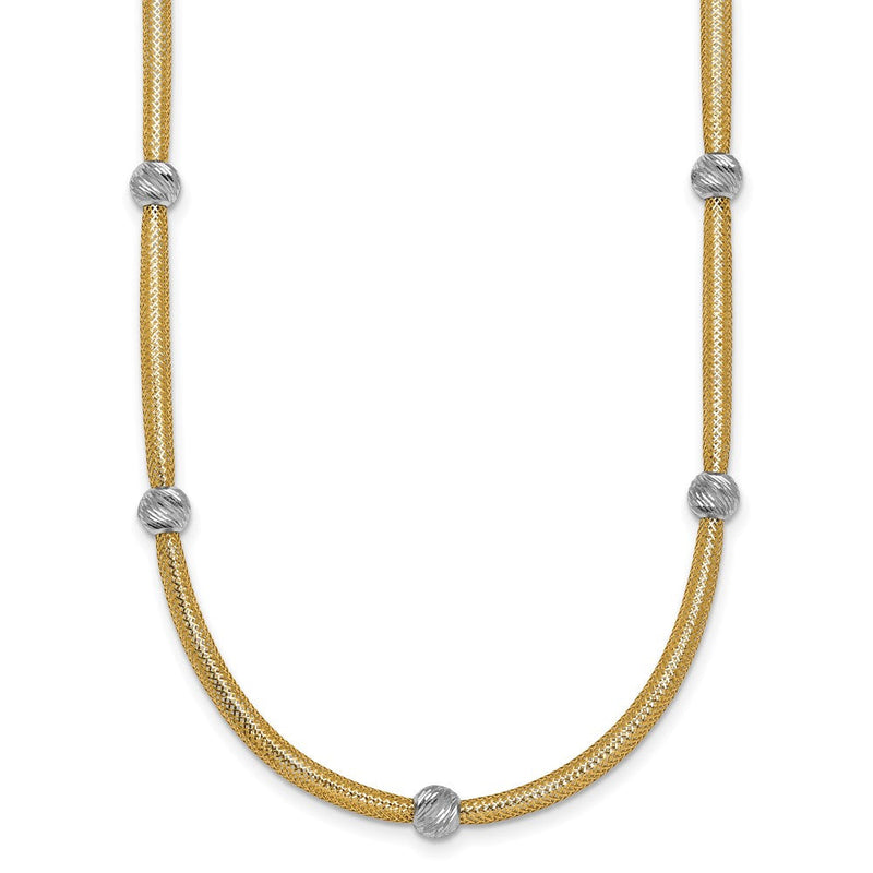 14K Gelbgold Poliert mit Rhodium 5-station Diamantiert Perlen 4mm Flexibel Netz 18 Zoll Halskette