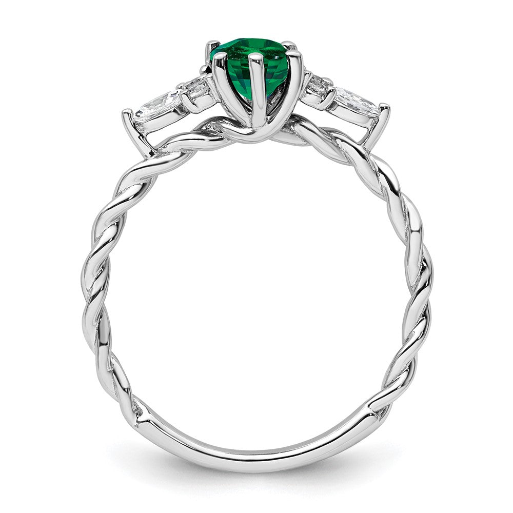 14K Weißgold Ring mit Diamant und 7x5 ovalem Mai/Laborgezüchtetem Smaragd, Größe 7, gedreht