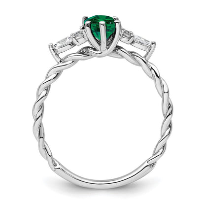 14K Weißgold Ring mit Diamant und 7x5 ovalem Mai/Laborgezüchtetem Smaragd, Größe 7, gedreht