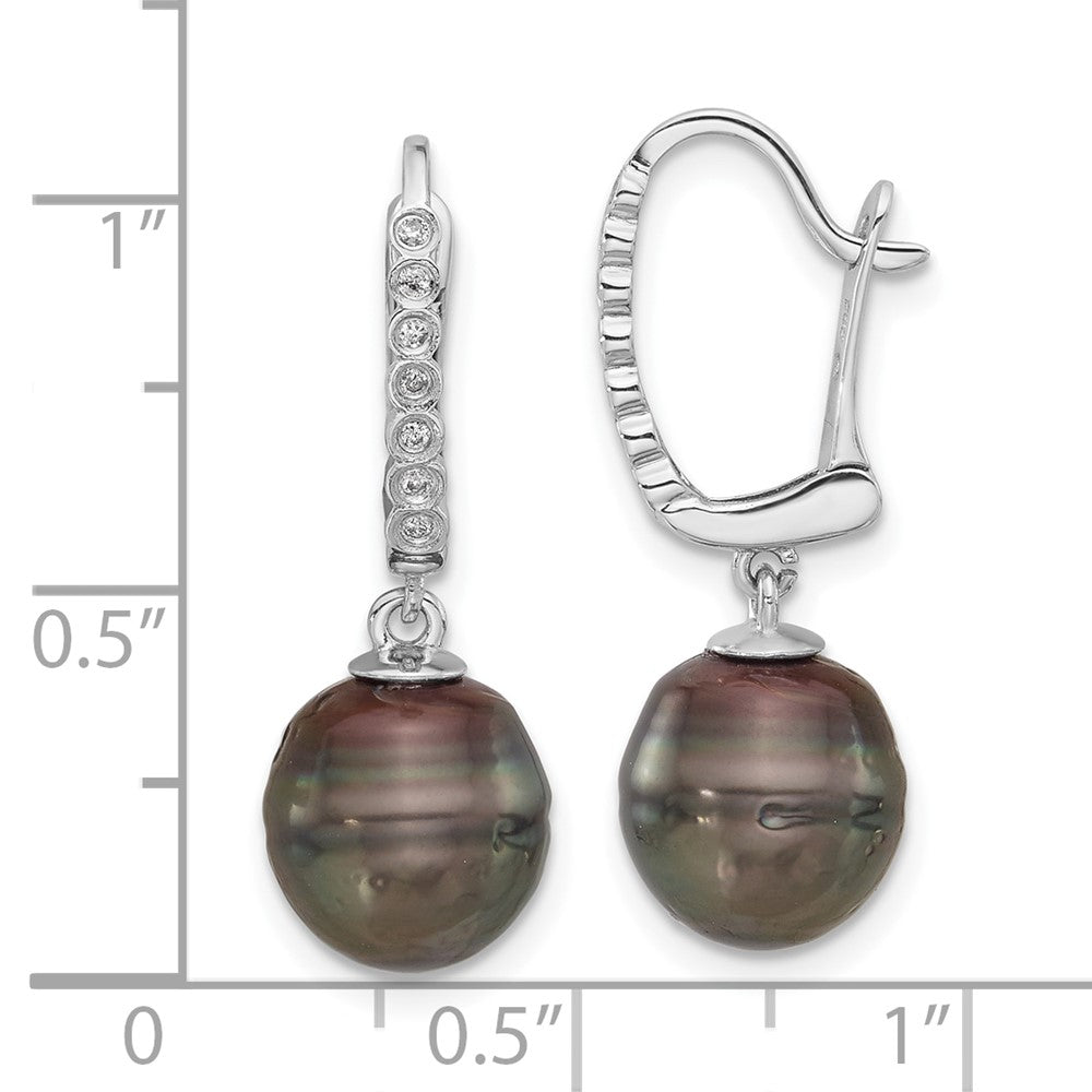 14K Weißgold 9-10mm Schwarz Rund Tahitian Salzwasser Zuchtperle Und.07 Karat Diamant Brisur Ohrhänger