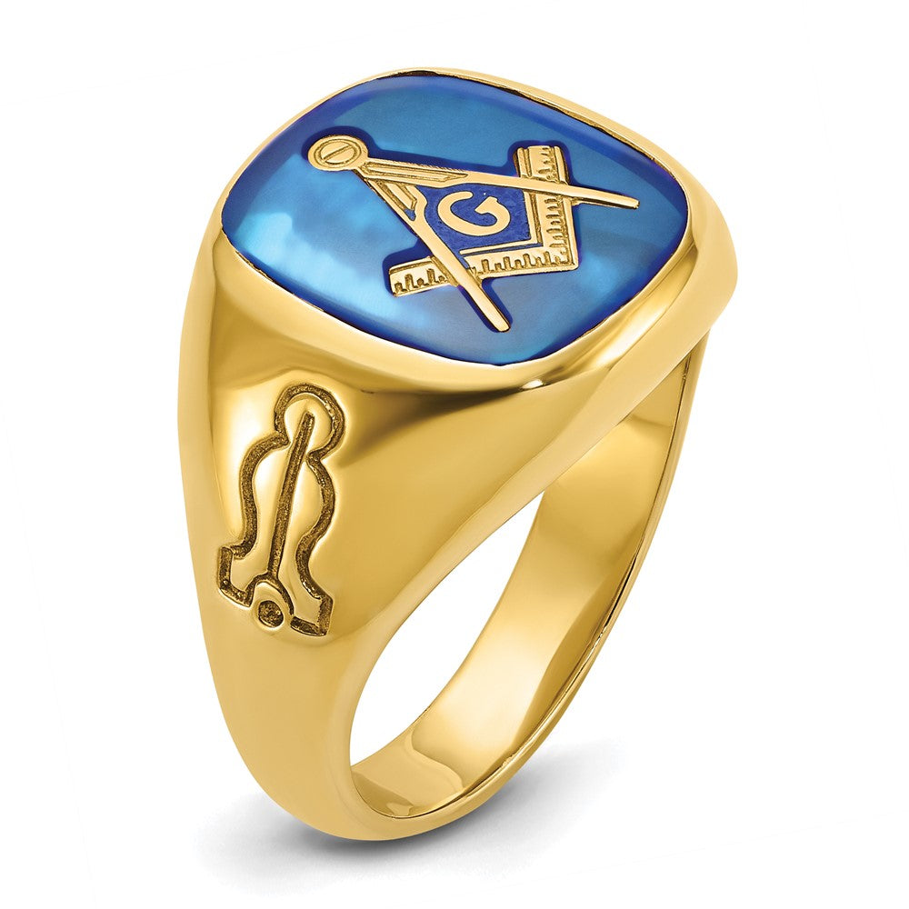 Ibgoodman 14K Herren Poliert und Gerillt mit Im Labor Erzeugt Saphir Blau Lodge Master Freimaurer Ring