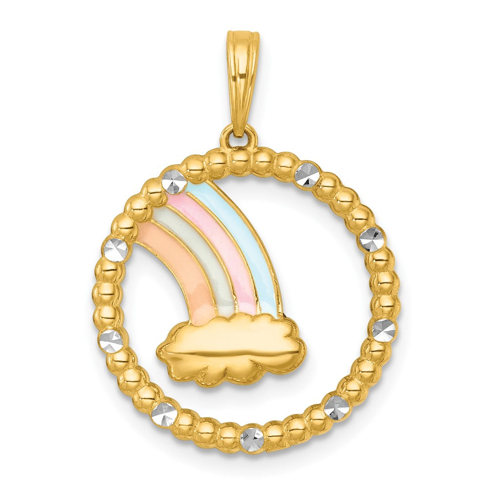 14K Gelbgold mit Rhodium, mehrfarbigem Emaille-Regenbogen mit Wolke im Kreis-Charm