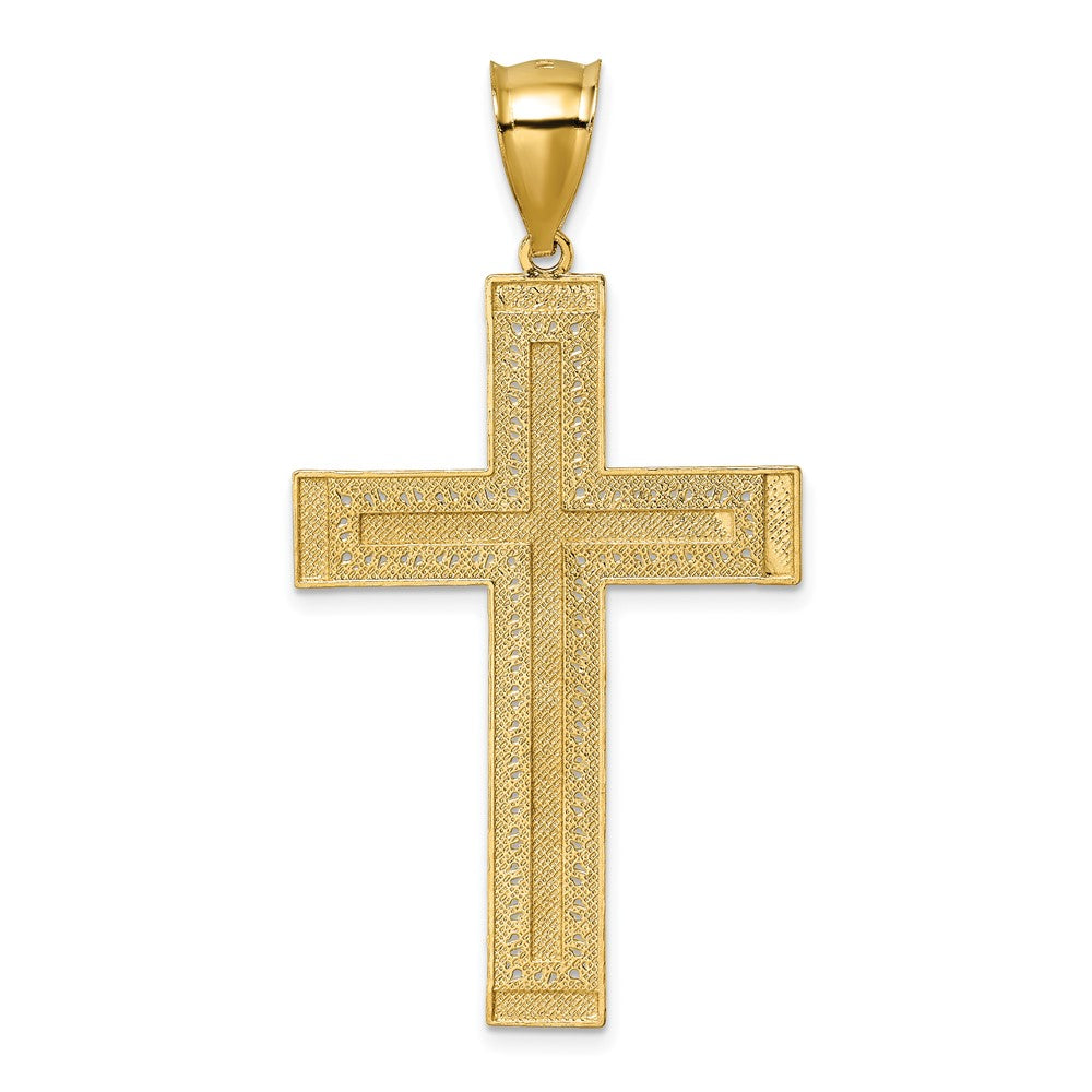 14K Gelbgold und Rhodium Poliert Diamantgeschliffener Strukturierter Fancy Lateinisches Kreuz Anhänger