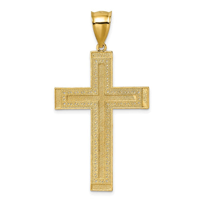 14K Gelbgold und Rhodium Poliert Diamantgeschliffener Strukturierter Fancy Lateinisches Kreuz Anhänger