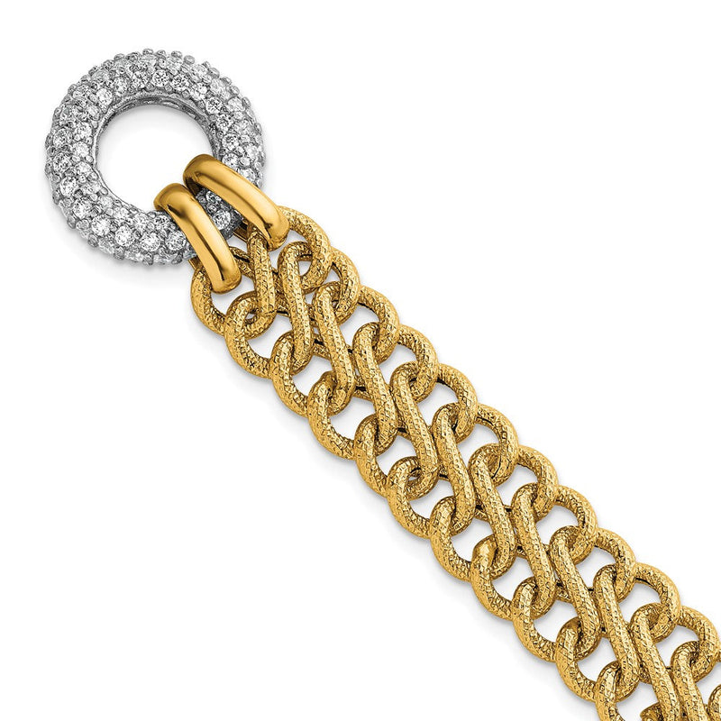 14K Gelbgold mit Rhodium 12.25mm Strukturiert Fantasie Kette mit Zirkonia Knebel 7.5 Zoll Armband