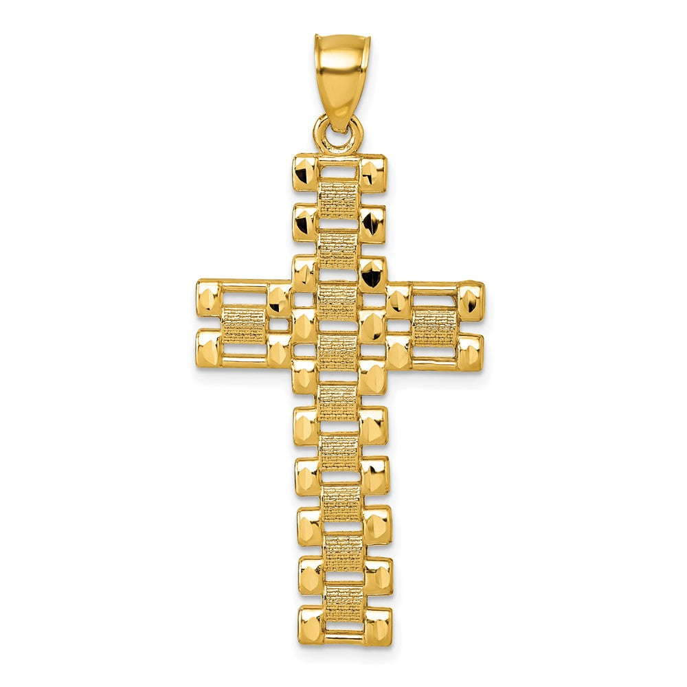 Anhänger Lateinisches Kreuz aus 14K Gelbgold, poliert, diamantiert und strukturiert, mit Phantasie-Kettenglieder-Design