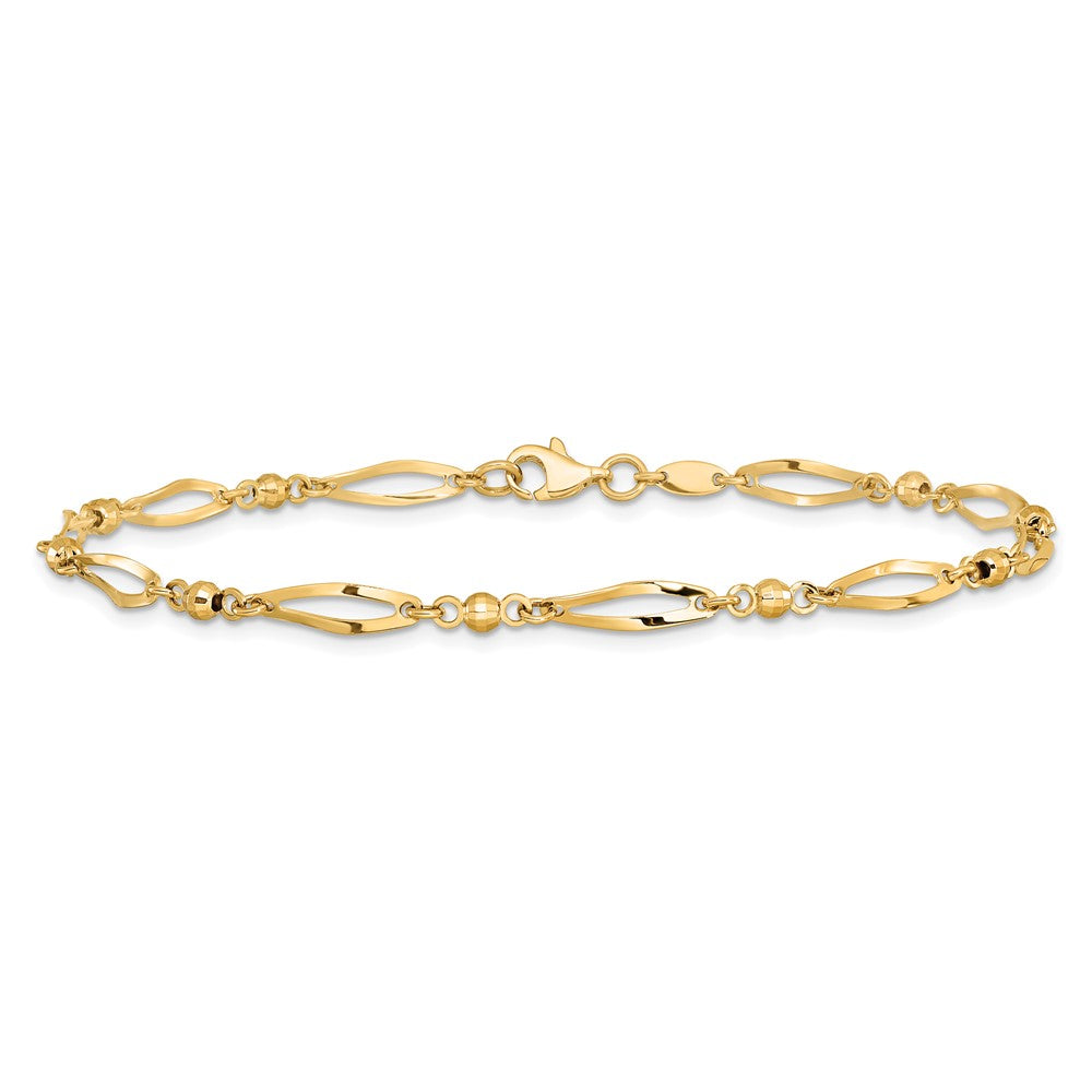 14K Gelbgold Poliert Gedreht Oval und Mirror Perlen 9 Zoll Fußkettchen
