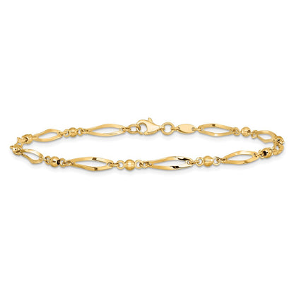 14K Gelbgold Poliert Gedreht Oval und Mirror Perlen 9 Zoll Fußkettchen