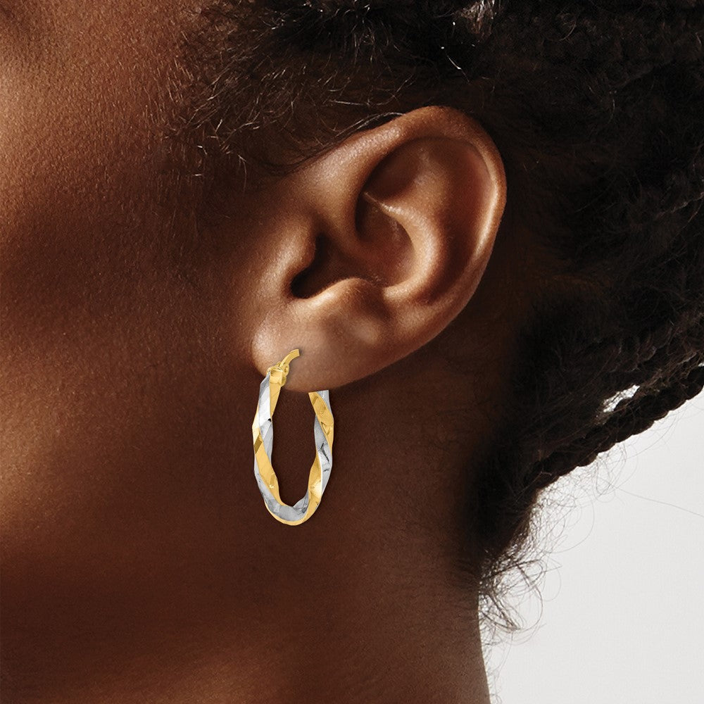 14K Gelbgold mit Rhodium Poliert und Diamantiert Gedreht Creolen