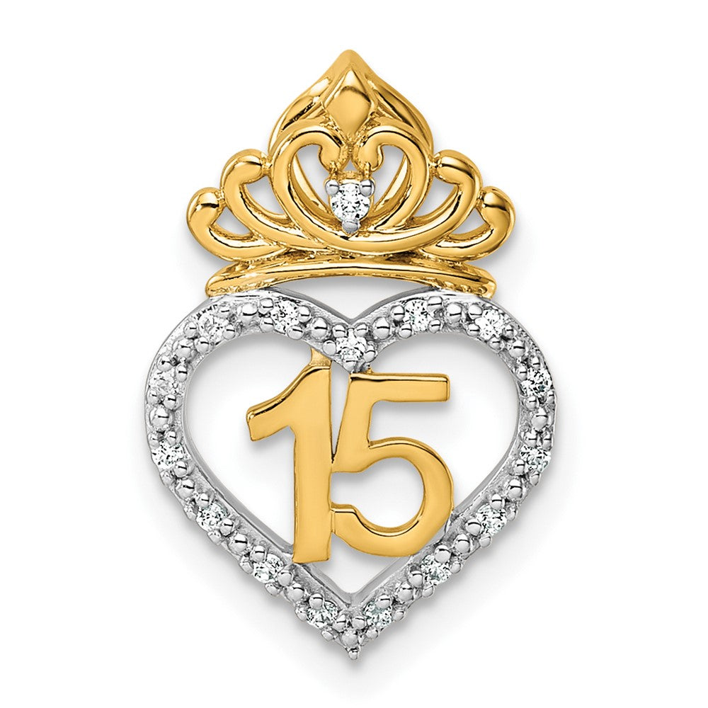 14K Bicolor Gold Bicolor 1/15 Karat Diamant Quinceañera 15 Herz mit Krone Kette Anhänger