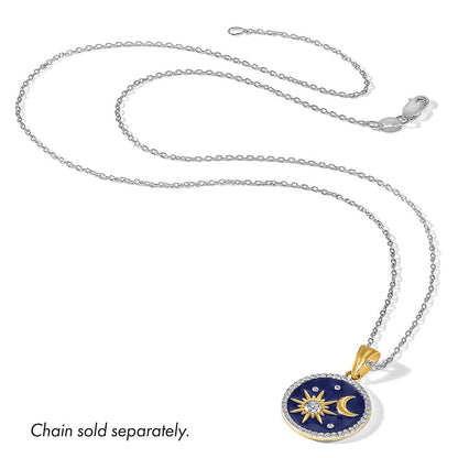 14K Gelbgold und Rhodium diamantgeschliffener blau emaillierter Sonne-und-Mond-Anhänger