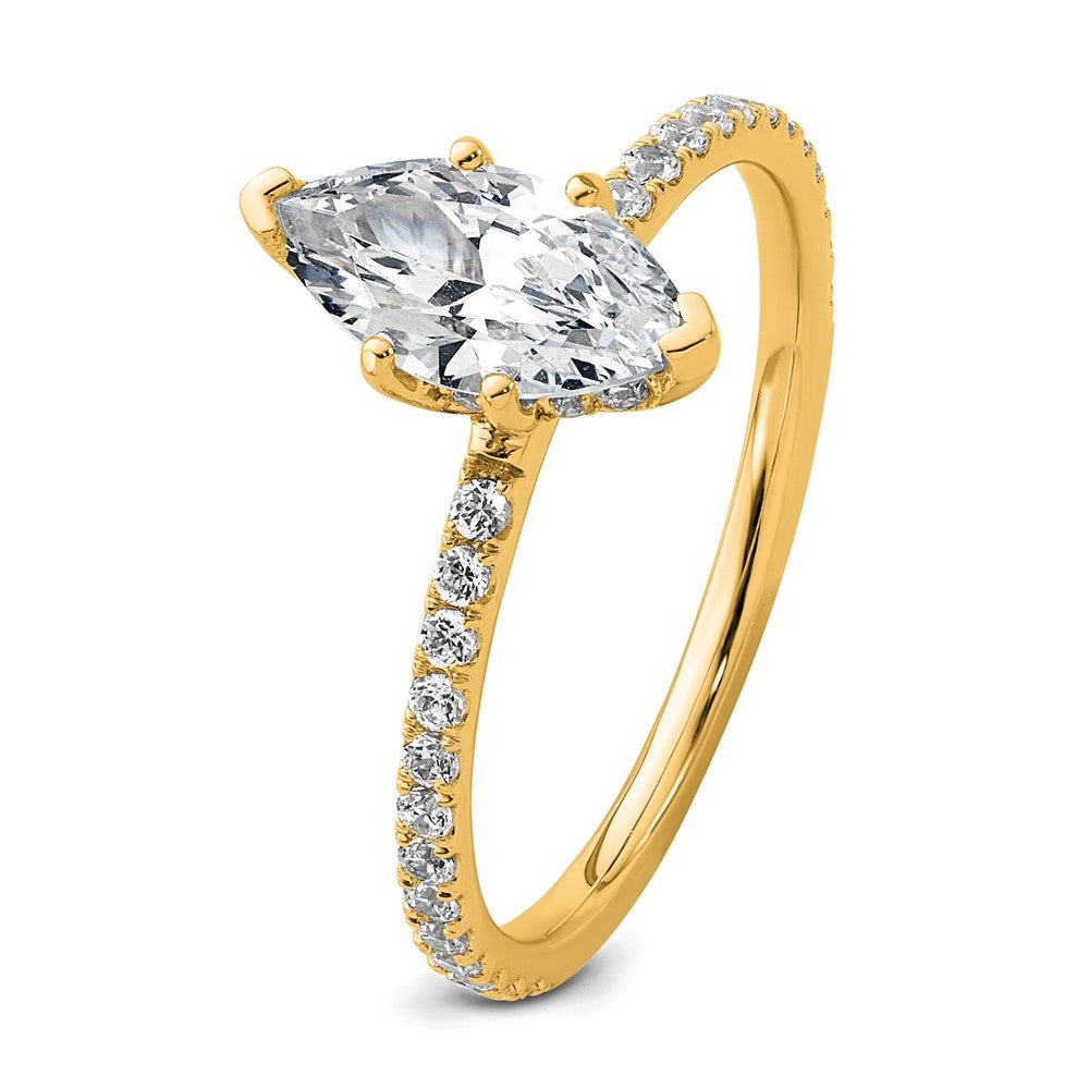 14K Gelbgold Verlobungsring mit 1 3/8K zertifiziertem, im Labor gezüchtetem Diamant VS+ F+ im Marquise-Schliff, Solitär mit Flair, komplett