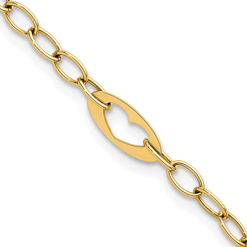 14K Gelbgold Poliert Ausgeschnitten Herzen und Ankerkette Knöpfe Gliederarmband