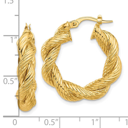 14K Gelbgold Poliert und Strukturiert Gedreht Creolen