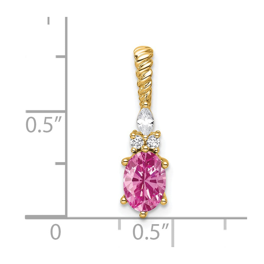 14K Gelbgold Diamant und 7x5 Oval October/im Labor Erzeugt Rosa Saphir Gedreht Kette Anhänger