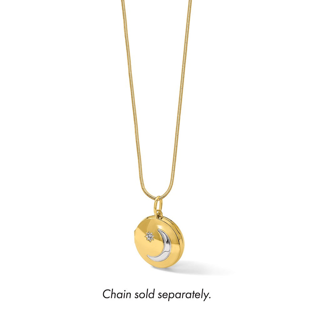 14K Gelbgold mit Rhodium Diamant Stern und Mond 20mm Rund Medaillon