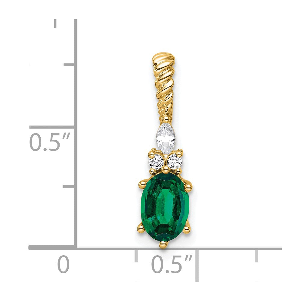 14K Gelbgold Diamant und 7x5 Oval May/im Labor Erzeugt Smaragd Gedreht Kette Anhänger