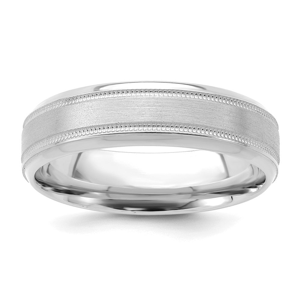 14K Weißgold 6 mm leichter Ehering mit Komfort-Passform, gebürsteter Satin-/Hochglanzoberfläche, Milgrain und geriffelter Kante