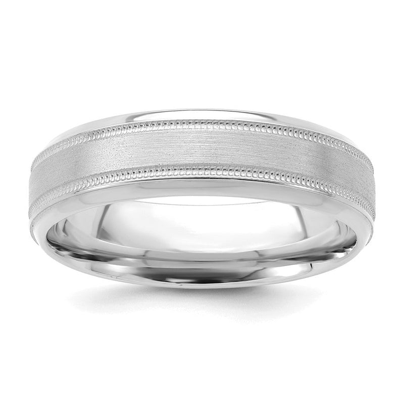14K Weißgold 6 mm leichter Ehering mit Komfort-Passform, gebürsteter Satin-/Hochglanzoberfläche, Milgrain und geriffelter Kante